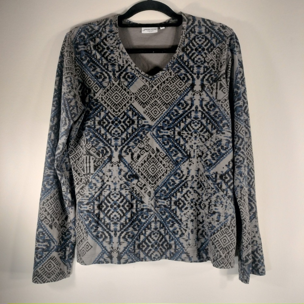 Prairie Cotton Gray Blue Geometric Tribal V-Neck Long Sleeve Top (Made in USA)